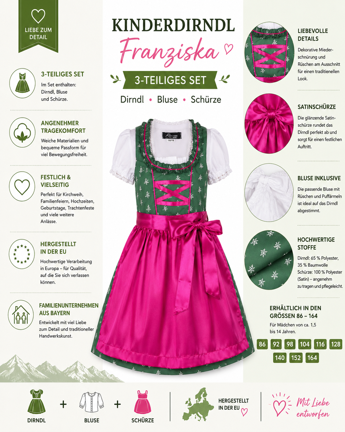 Übersicht der Merkmale vom Kinderdirndl Franziska dunkelgrün