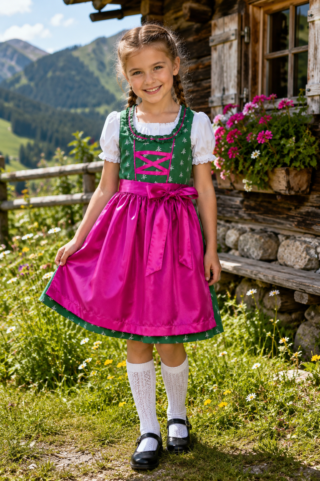 Mädchen trägt das Kinderdirndl Franziska in Dunkelgrün