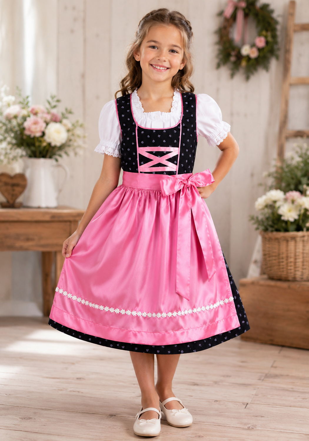Mädchen trägt das Kinderdirndl Lea