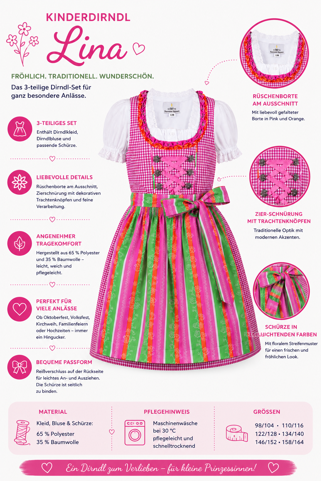 Übersicht der Merkmale vom Kinderdirndl Lina