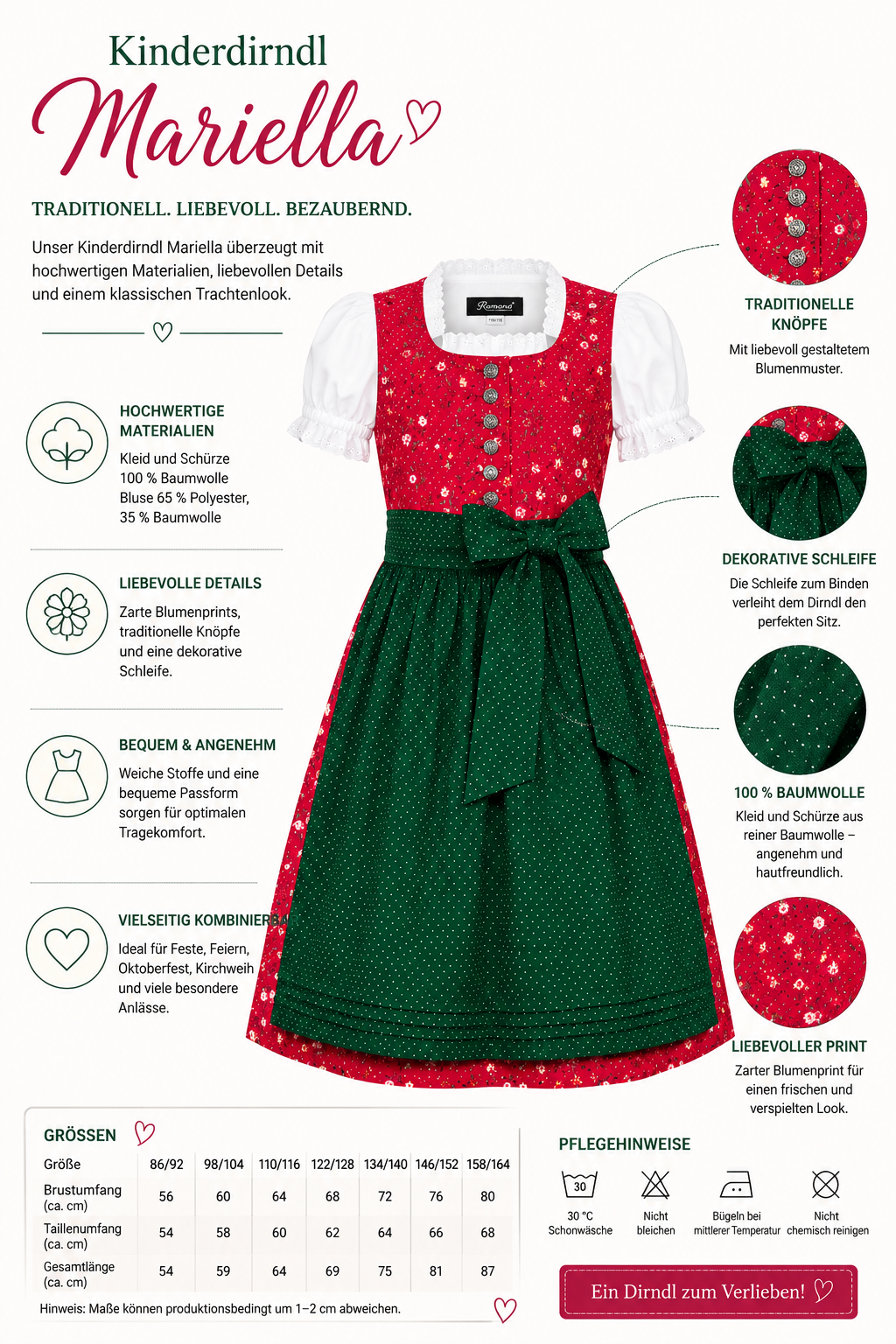 Übersicht der Merkmale vom Kinderdirndl Mariella