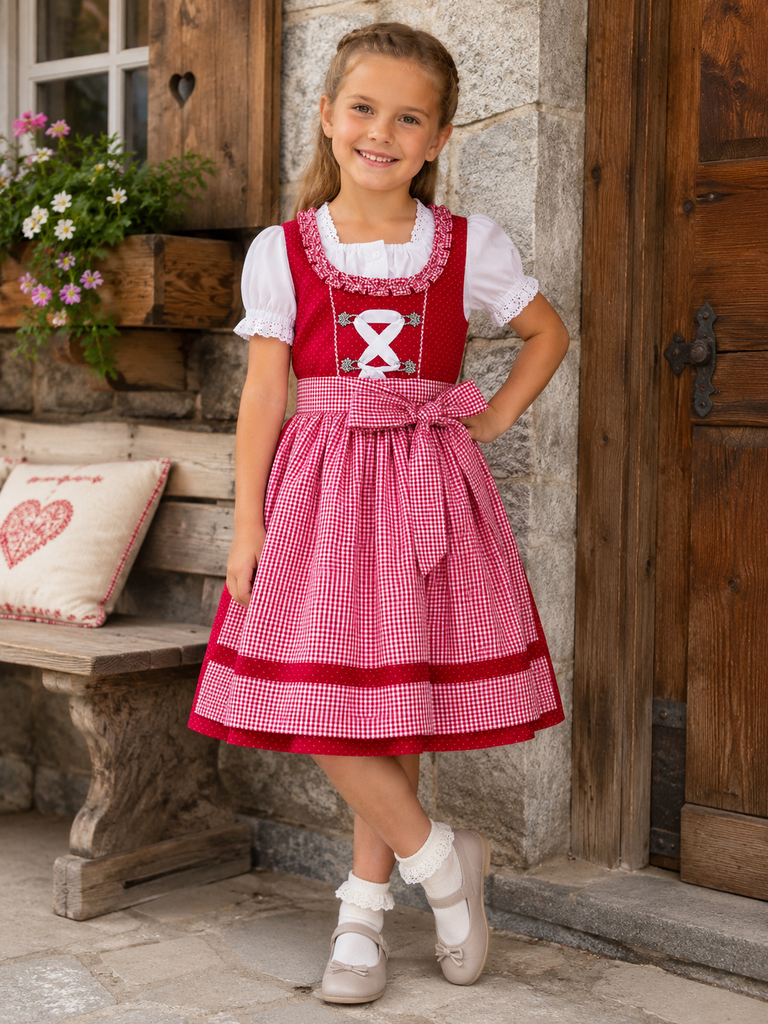 Mädchen trägt das Kinderdirndl Nele in Rot