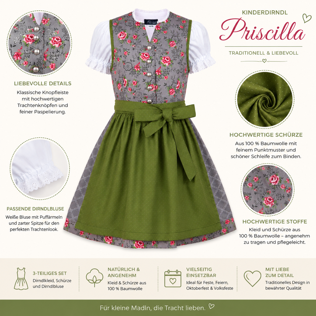 Übersicht der Merkmale vom Kinderdirndl Priscilla