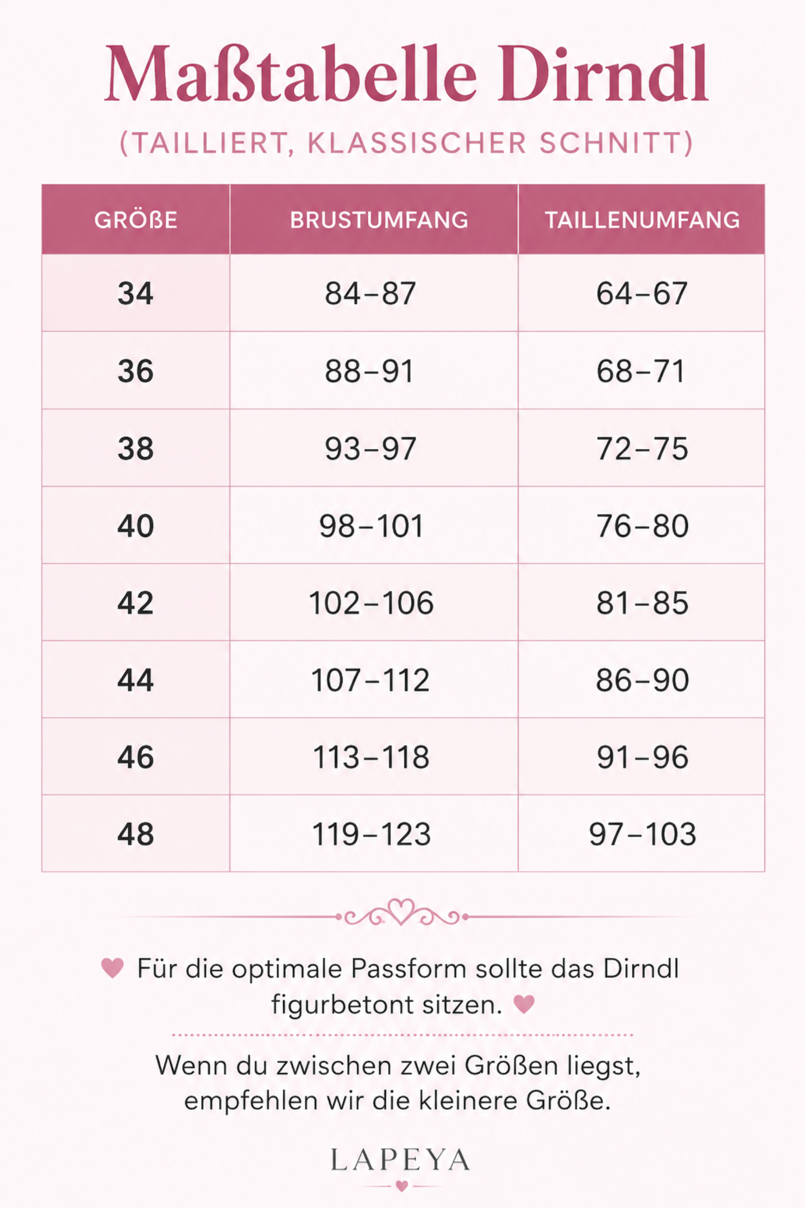 Maßtabelle für Damen bei Lapeya