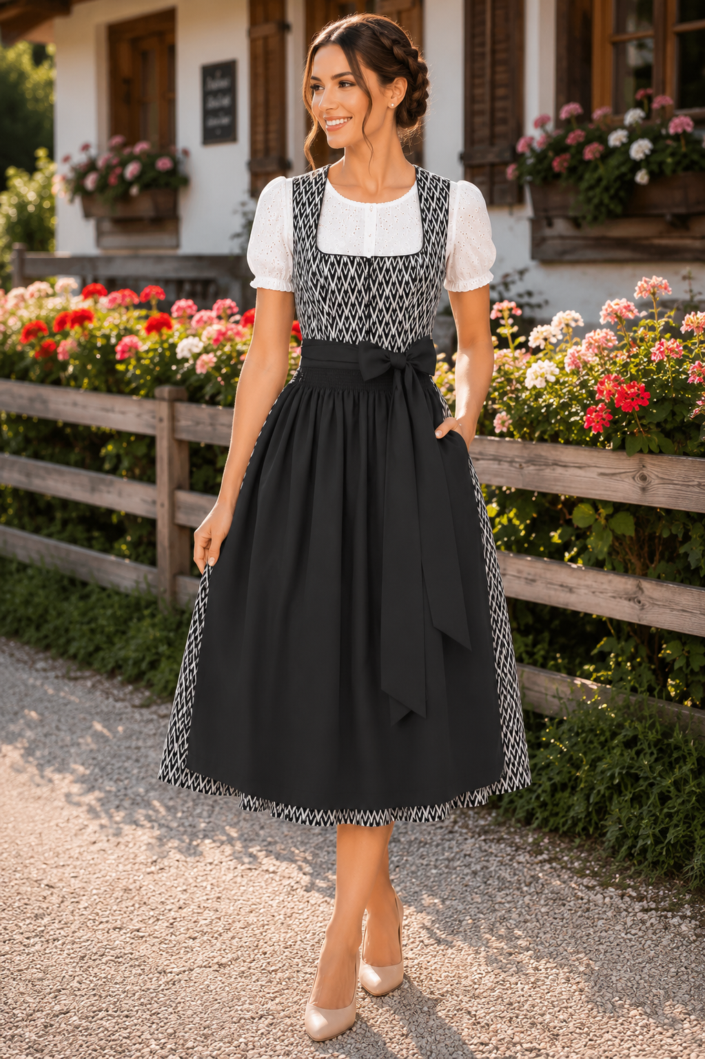 Dirndl Freya in Schwarz-Weiß vor sommerlicher Alpenkulisse