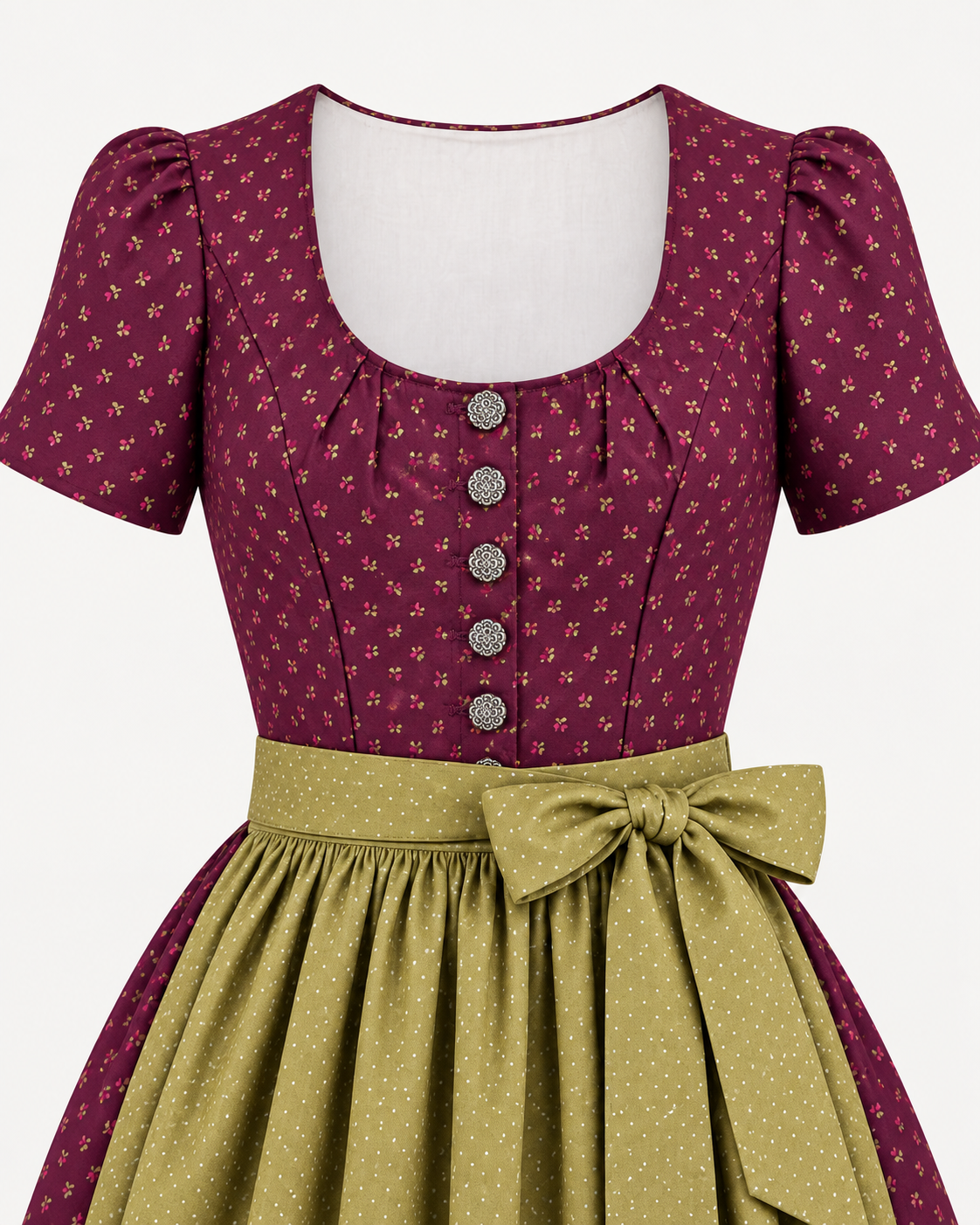 Ärmeldirndl Michelle 70 cm in Bordeaux mit olivgrüner Schürze – Ansicht 4