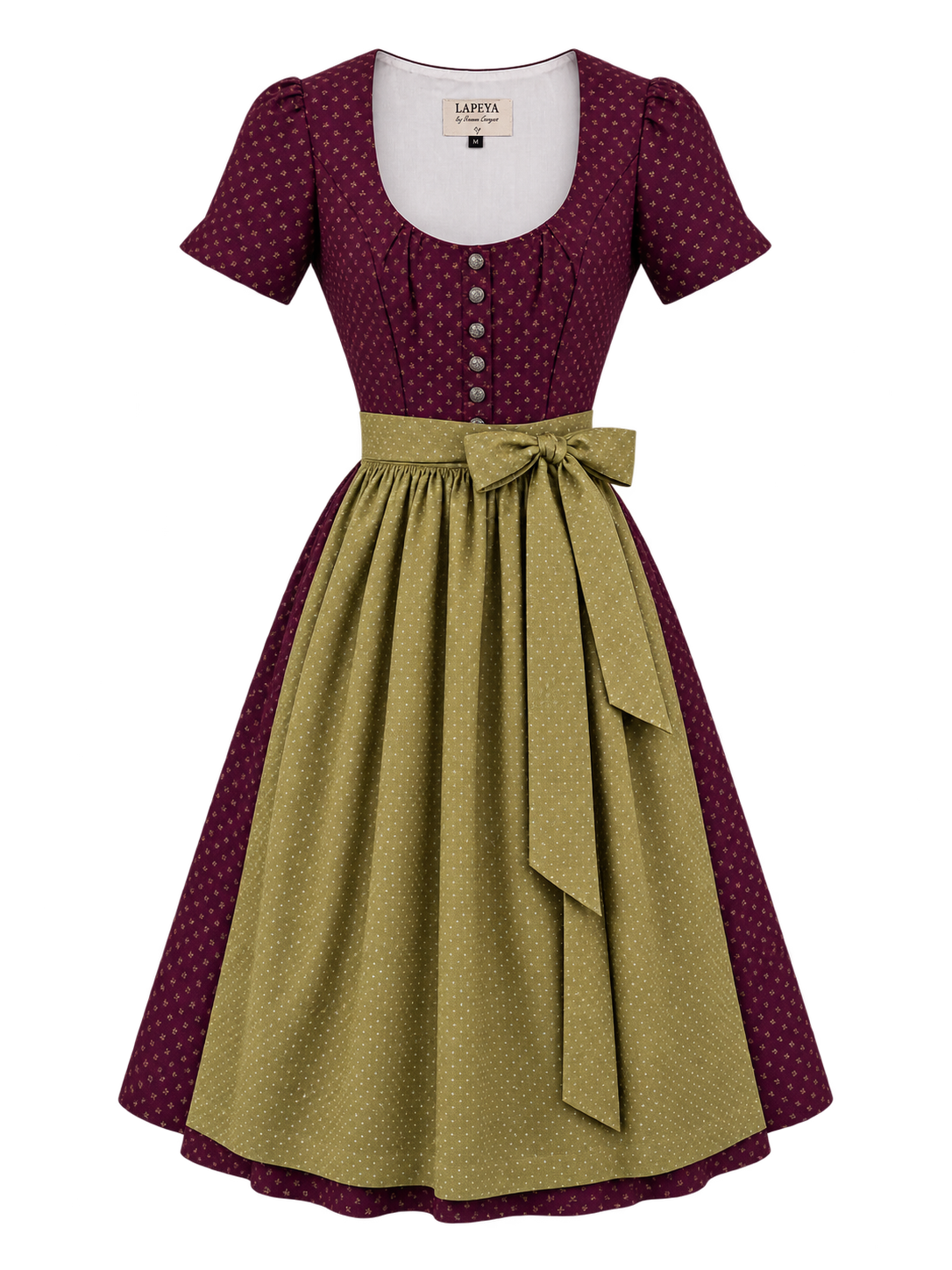 Ärmeldirndl Michelle 70 cm in Bordeaux mit olivgrüner Schürze – Vorderansicht
