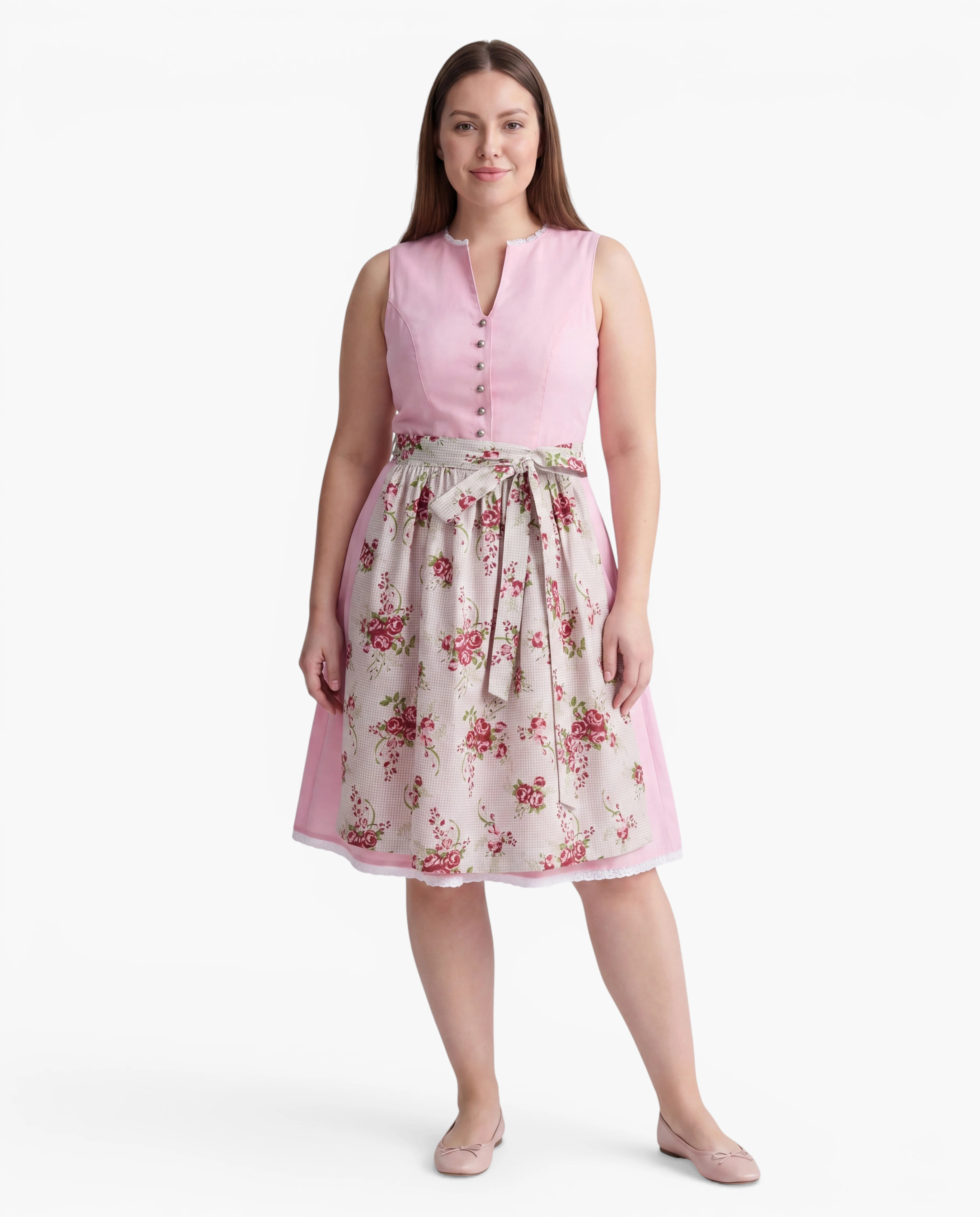 Model trägt rosa Dirndl Antonia mit Blumenschürze