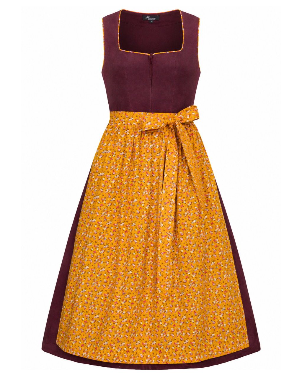 Dirndl Bridget aus Feincord mit ockerfarbener Blumenschürze