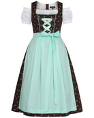 Dirndl Elisabeth dunkelbraunes Dirndkleid mit weißen Streublümchen und eine Schürze in mint. Wird mit Bluse geliefert