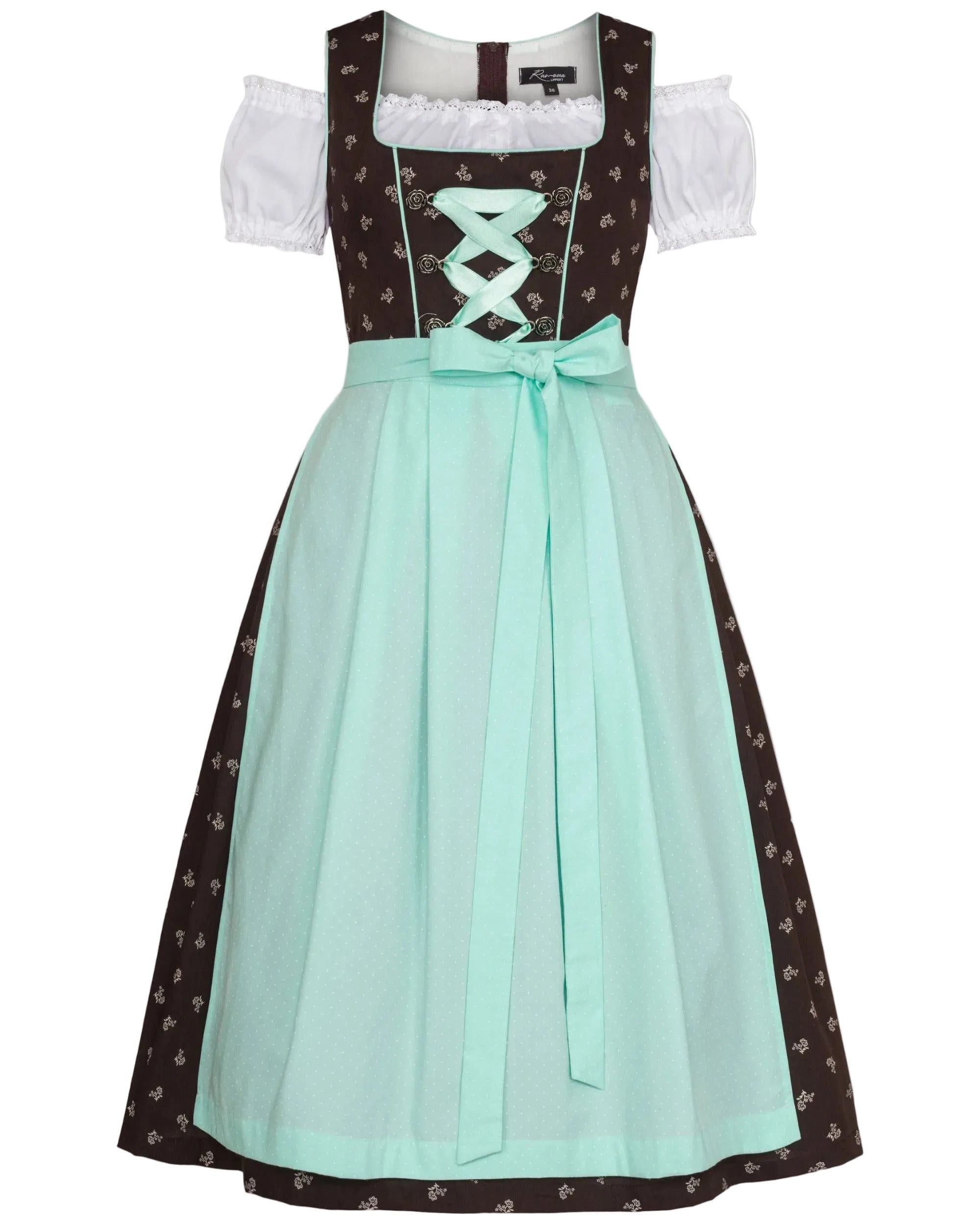 Dirndl Elisabeth dunkelbraunes Dirndkleid mit weißen Streublümchen und eine Schürze in mint. Wird mit Bluse geliefert