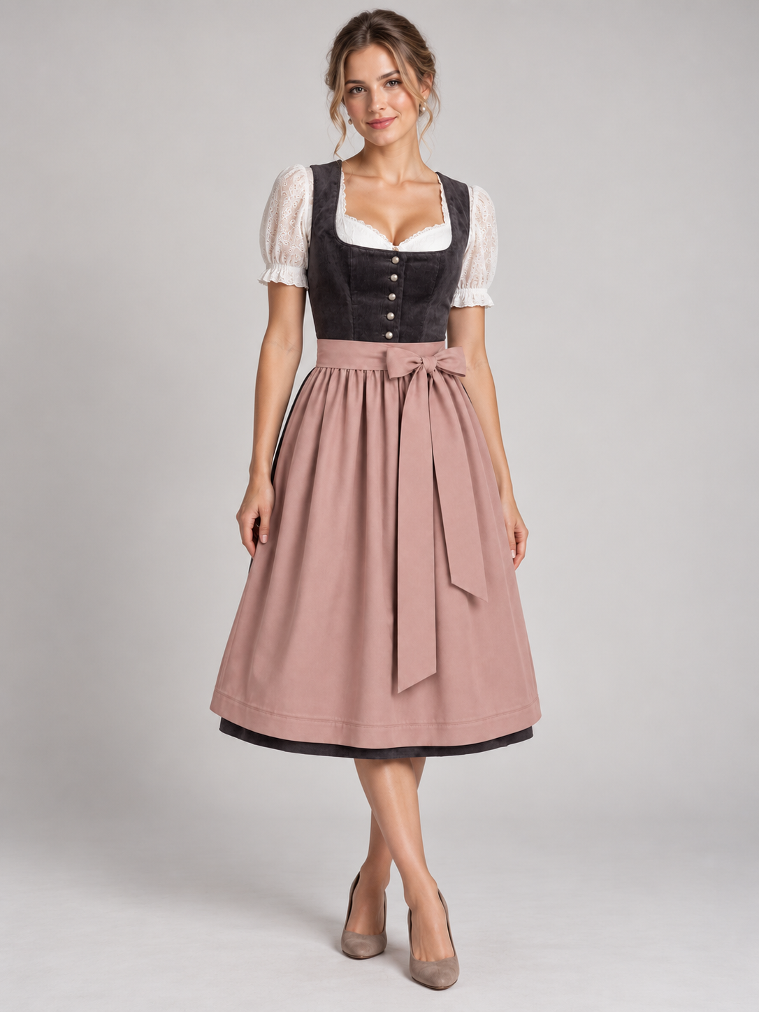 Dirndl Kathleen 70 cm aus dunkelgrauem Feincord mit altrosa Schürze – Ansicht 3