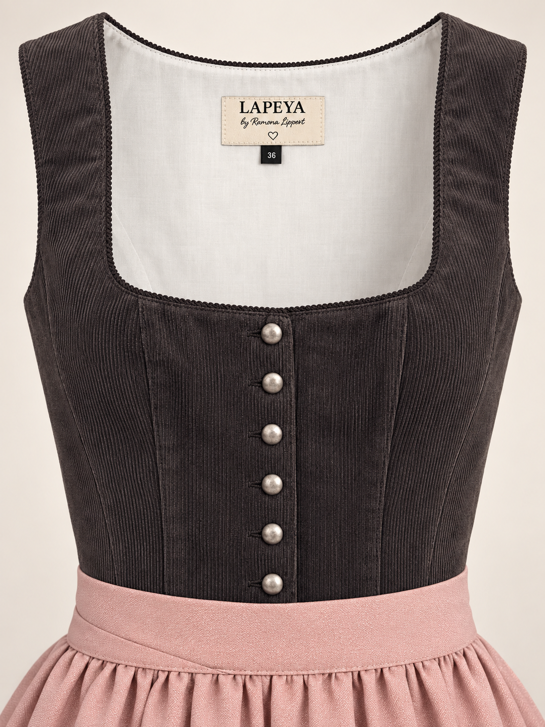 Dirndl Kathleen 70 cm aus dunkelgrauem Feincord mit altrosa Schürze – Ansicht 4