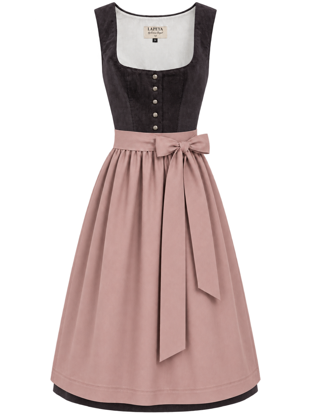 Dirndl Kathleen 70 cm aus dunkelgrauem Feincord mit altrosa Schürze – Vorderansicht