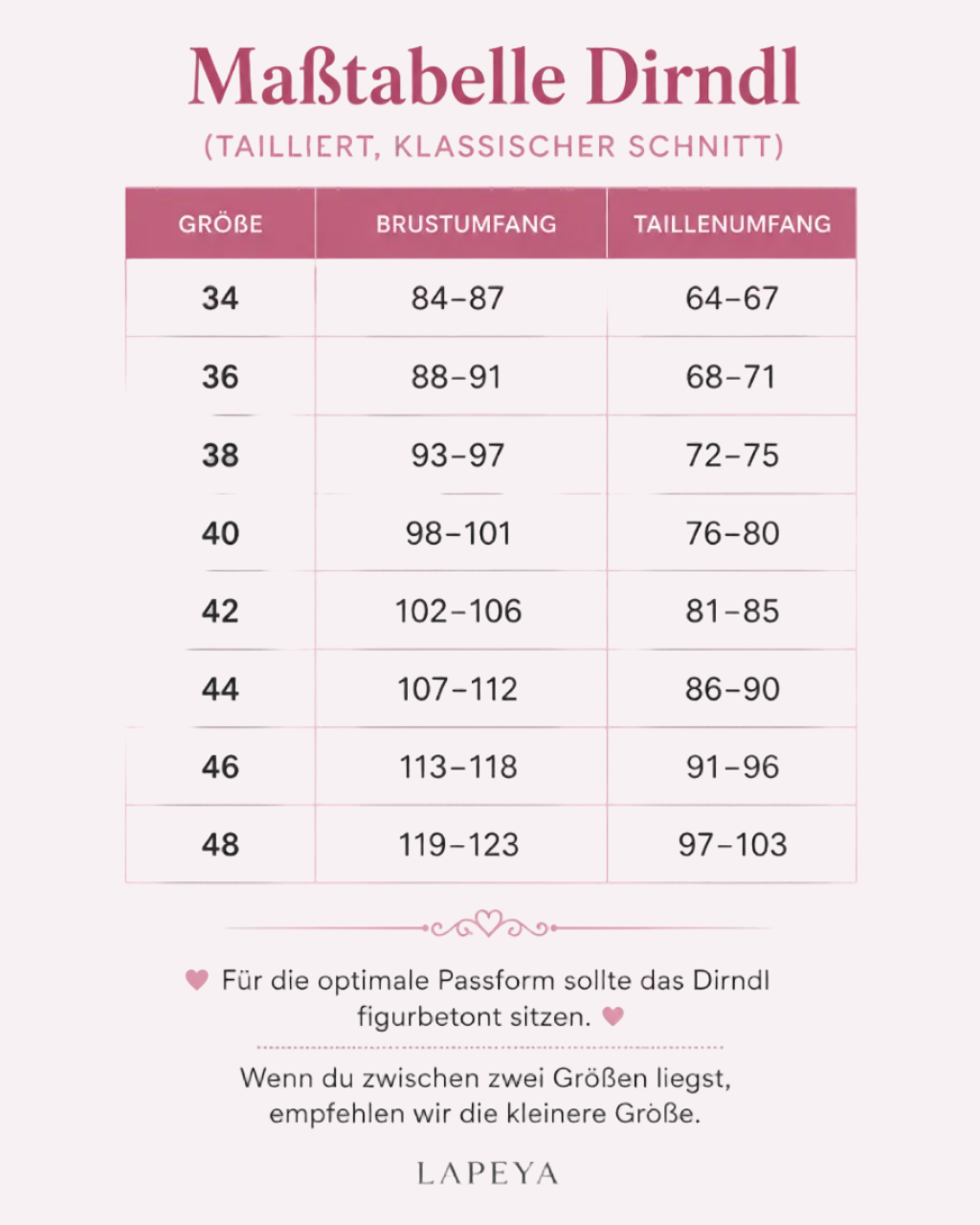 Größentabelle Damen Dirndl Lapeya