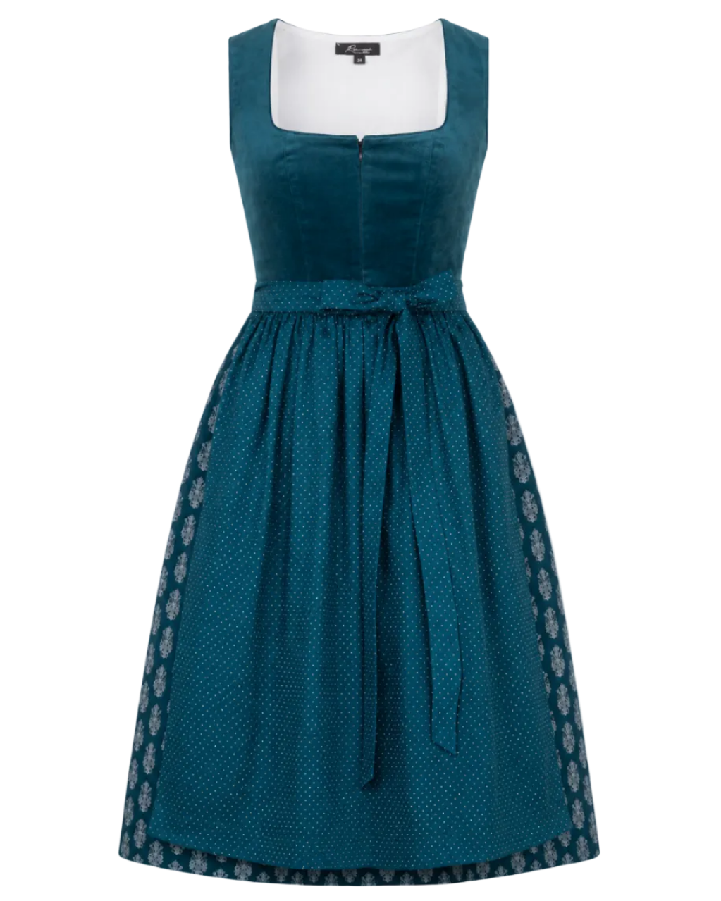 Dirndl Samy in Petrol mit Samtoberteil und Punktschürze ohne Bluse