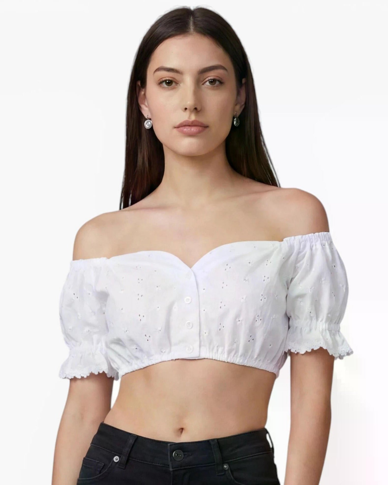 Dirndlbluse Laura Weiß mit Lochstickerei und Puffärmeln