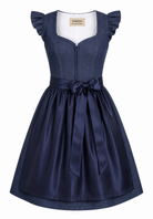 Dirndl Candela jeansblau mit marineblauer Satinschürze und Flügelärmeln