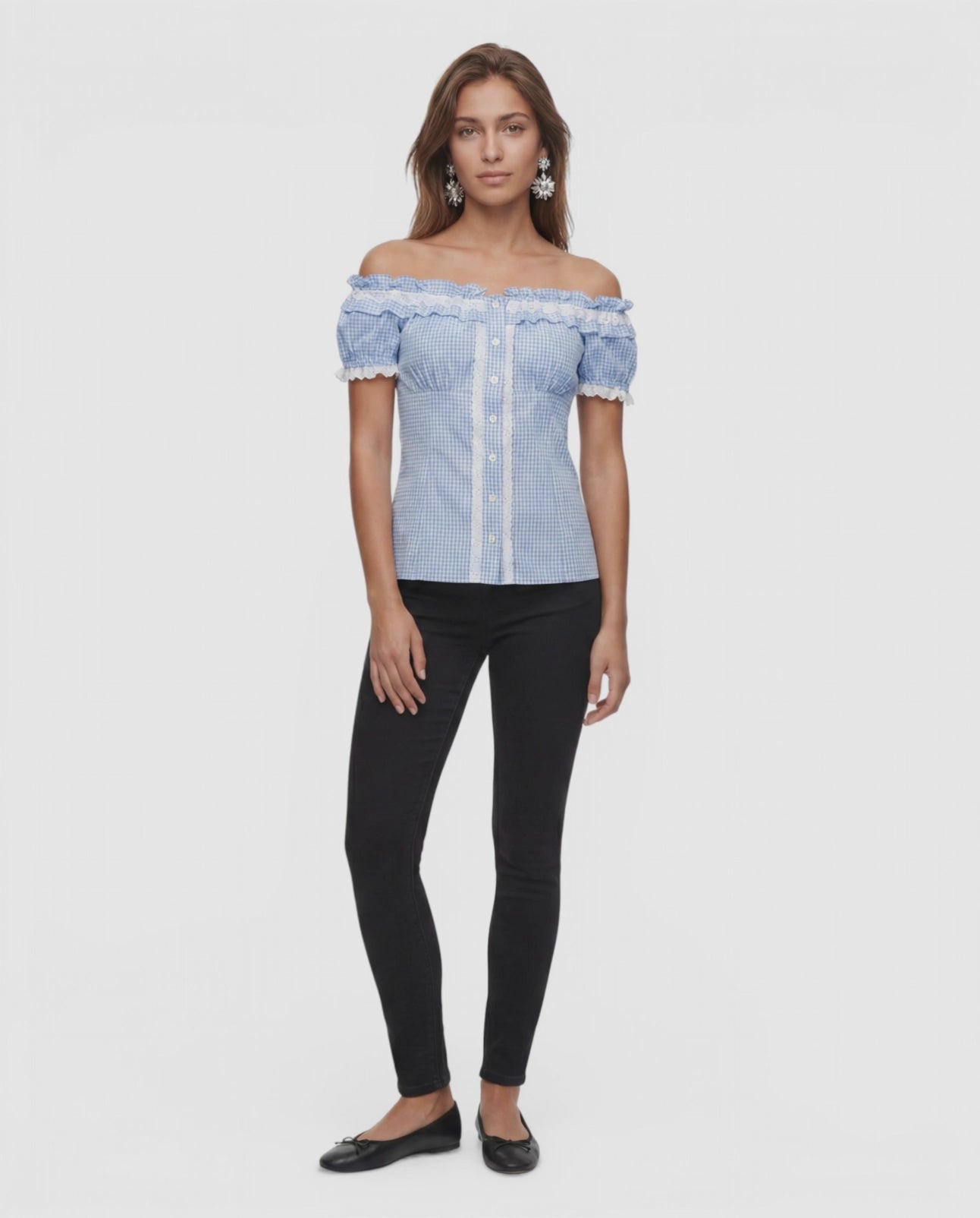 Trachtenbluse Laila blau kariert als Off Shoulder Bluse für Tracht und Alltag
