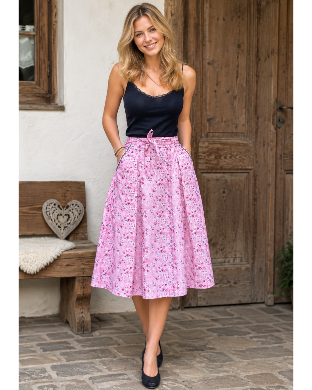 Sommerock Elsa rosa geblümt Rocklänge 64 cm