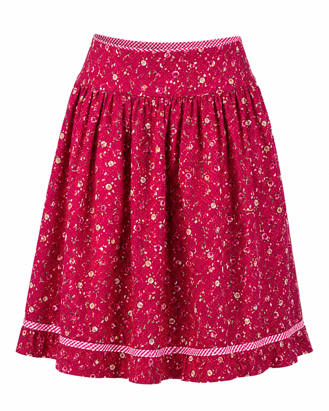 Trachtenrock Karin aus 100 % Baumwolle mit floralem Muster in Beere und Pink, Rocklänge 65 cm.