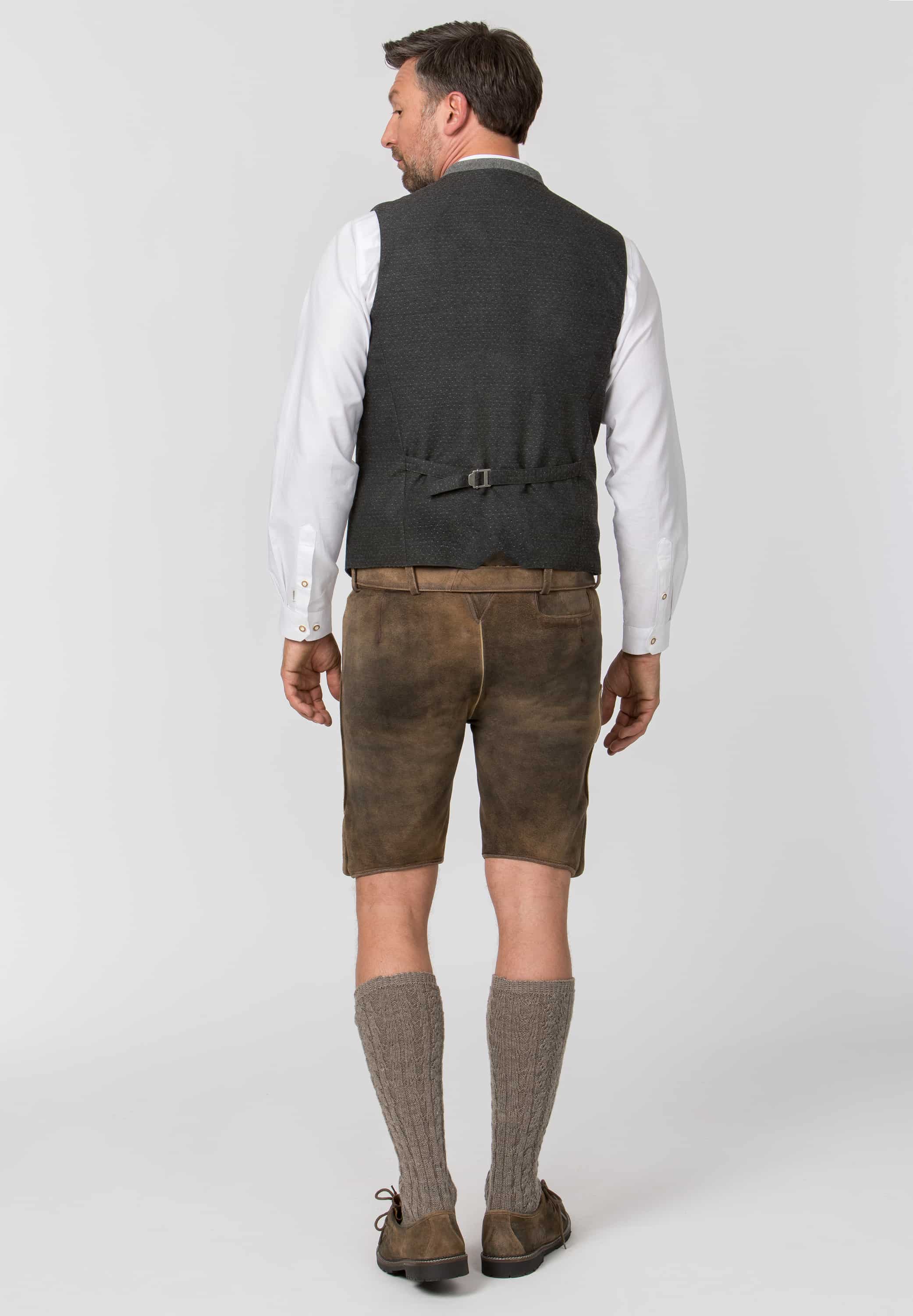 Trachtenlederhose Logan in Kiesel gespeckt, Detail des Bunds