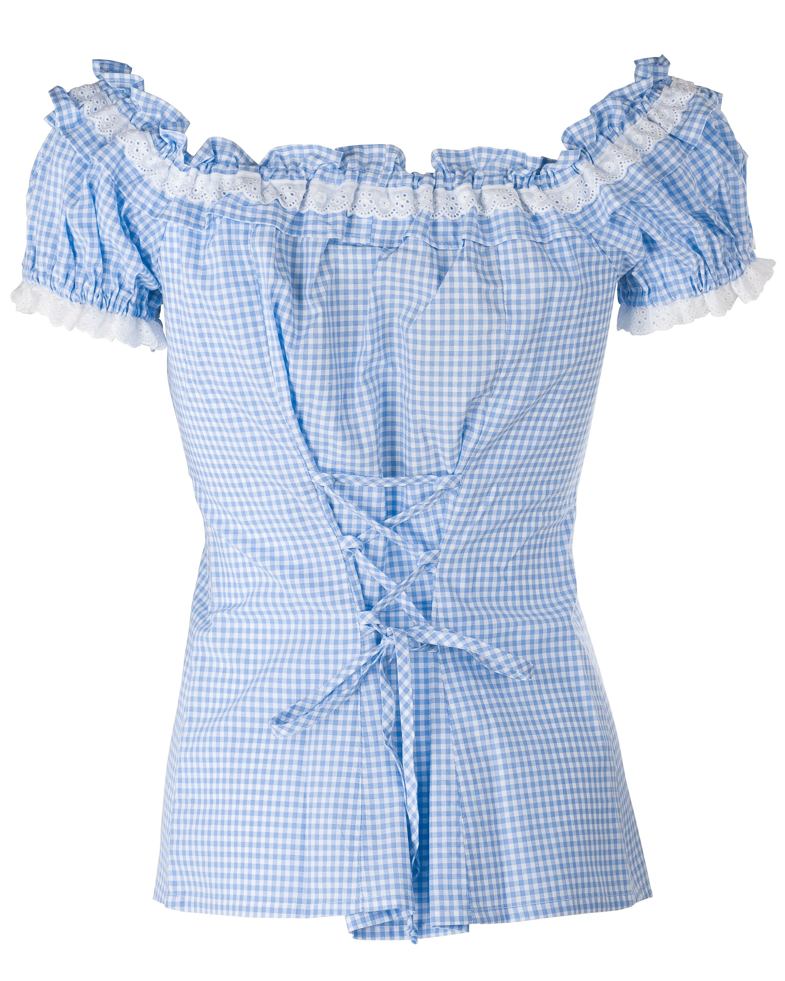 Trachtenbluse Laila blau kariert mit Spitze und Knopfleiste Rückseite