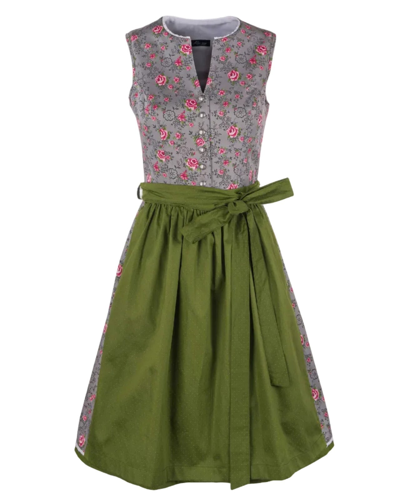 graues Dindl mit Blumenmotiv und grüner Schürze
