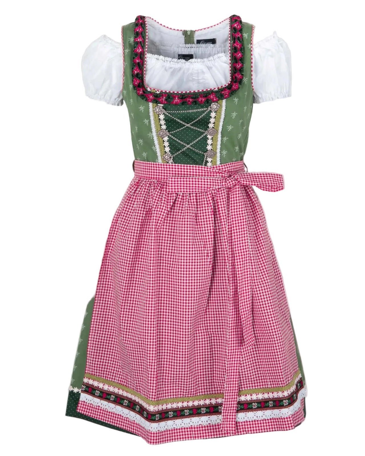 Grünes Dirndl mit Froschgoscherl und Dirndlkette dazu eine karierte Schürze in Rot. Mit Borten verziert und eine weiße Dirndlbluse