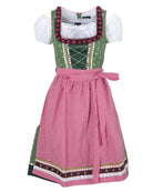 Grünes Dirndl mit Froschgoscherl und Dirndlkette dazu eine karierte Schürze in Rot. Mit Borten verziert und eine weiße Dirndlbluse