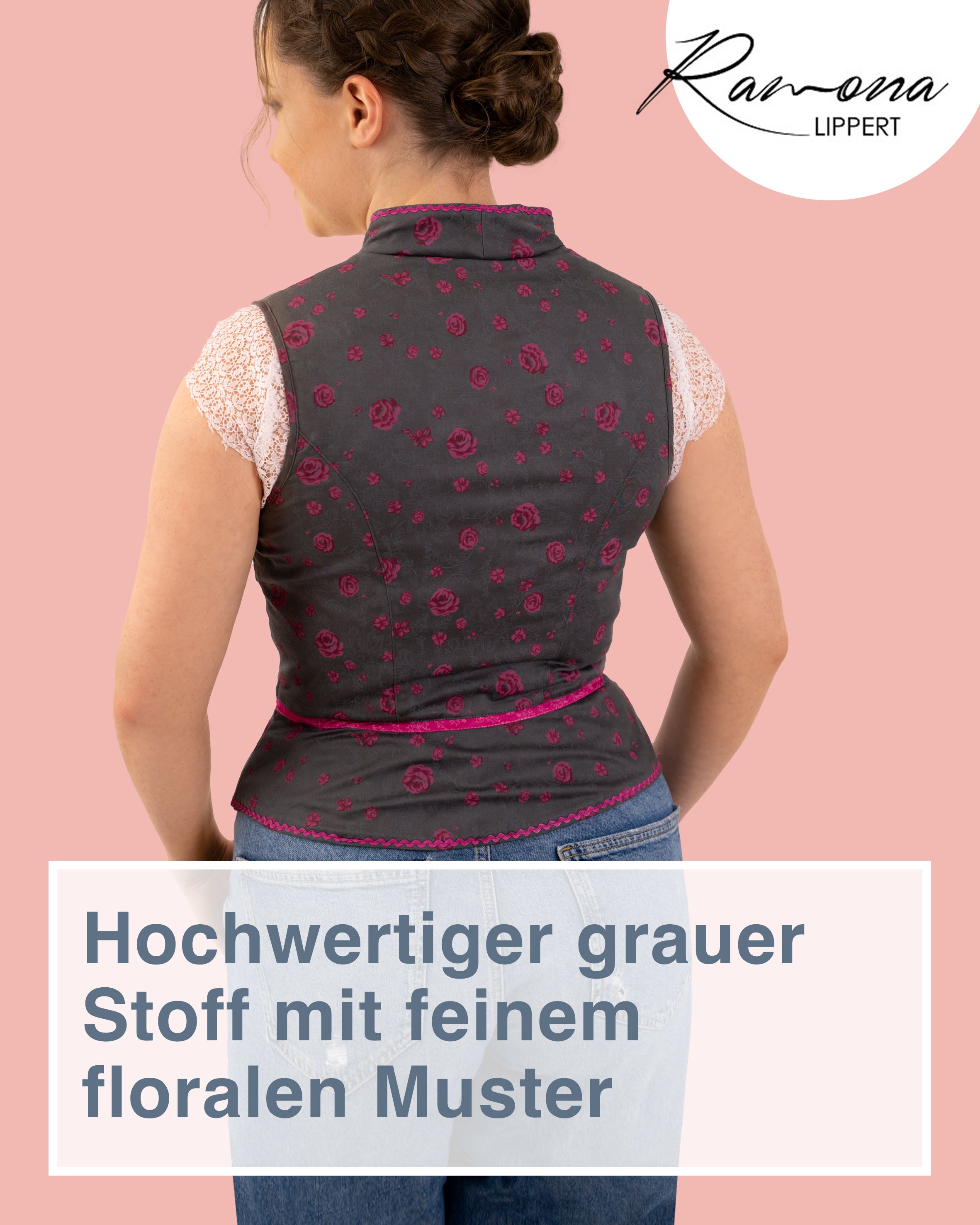 Frau trägt das Trachtenmieder Kassandra, Rückansicht