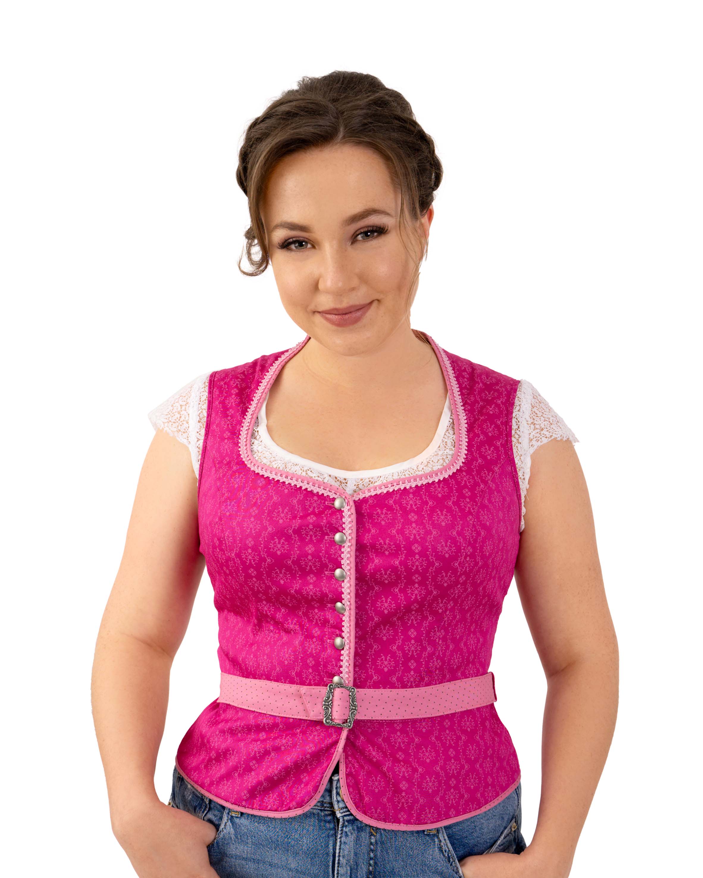 Trachtenmieder Nicole aus pinker Baumwolle mit Ornamentmuster, dekorativer Knopfleiste und Gürtel im traditionellen Landhausstil