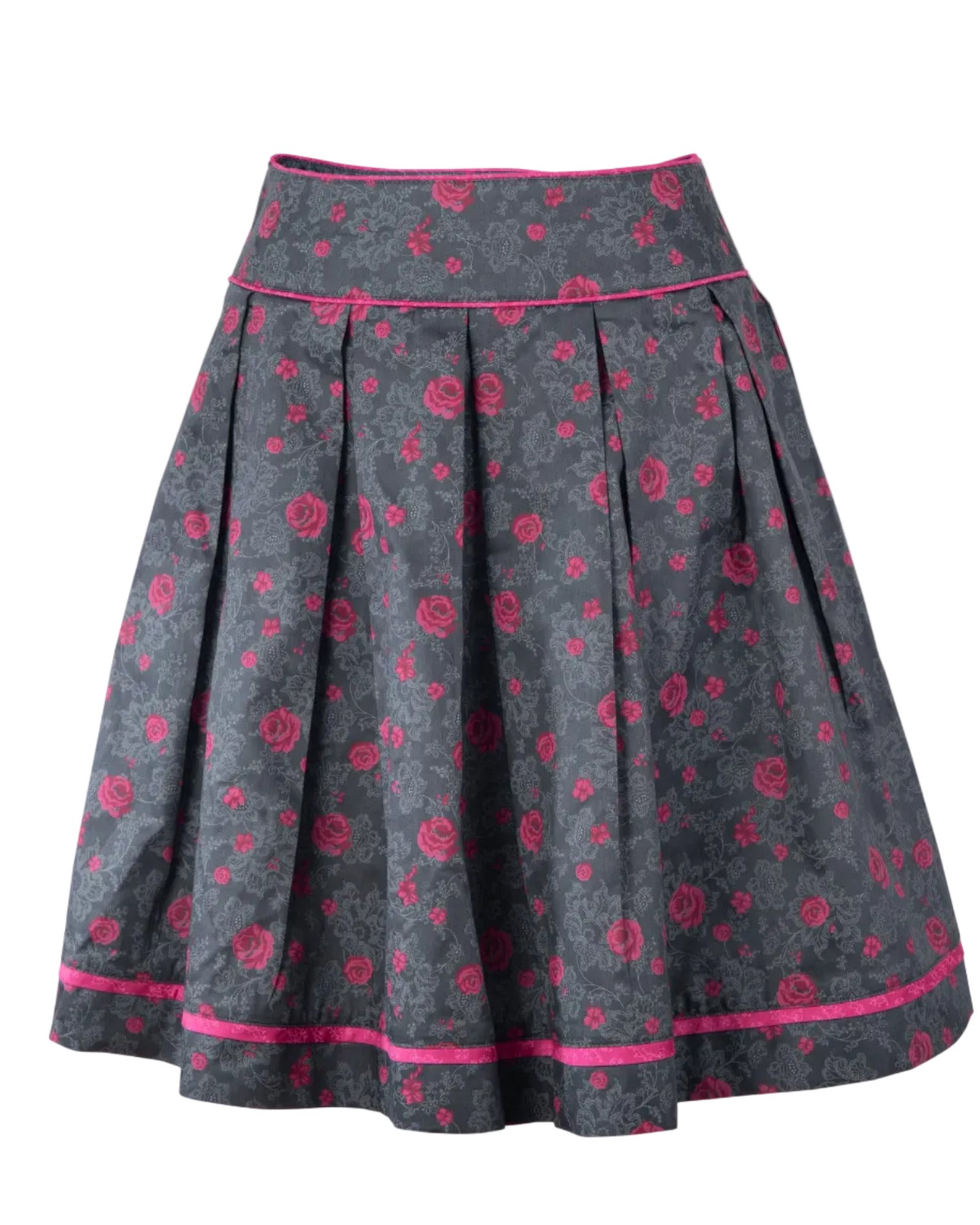 Trachtenrock Anne aus dunkelgrauer Baumwolle mit rosa Rosenmuster und 65 cm Rocklänge.