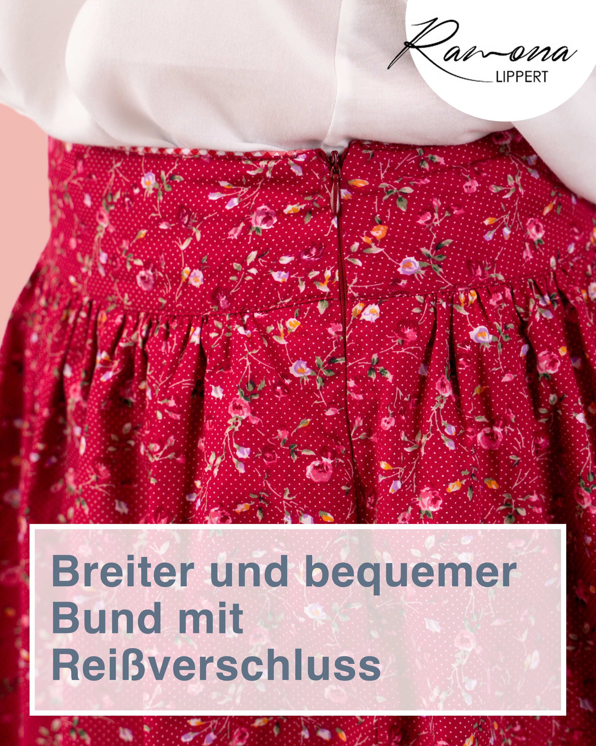 Detailaufnahme vom Reißverschluss des Trachtenrock Karin